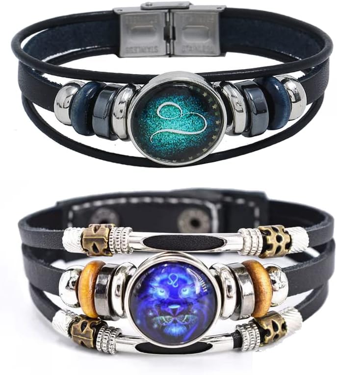 Hewill Store 2Pcs Multilayer Constellation Zodiac Leather Bracelet Handmade Woven Zodiac Sign Wrap Bracelet Wristband for Women Men Jewelry Birthday Gift - Image 1